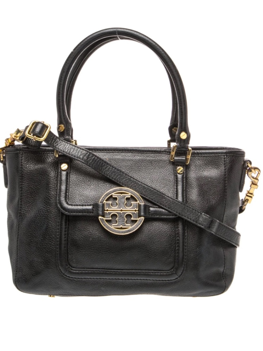 Tory Burch Amanda Black Leather Satchel/ Crossbody Gold Tone Double T Logo